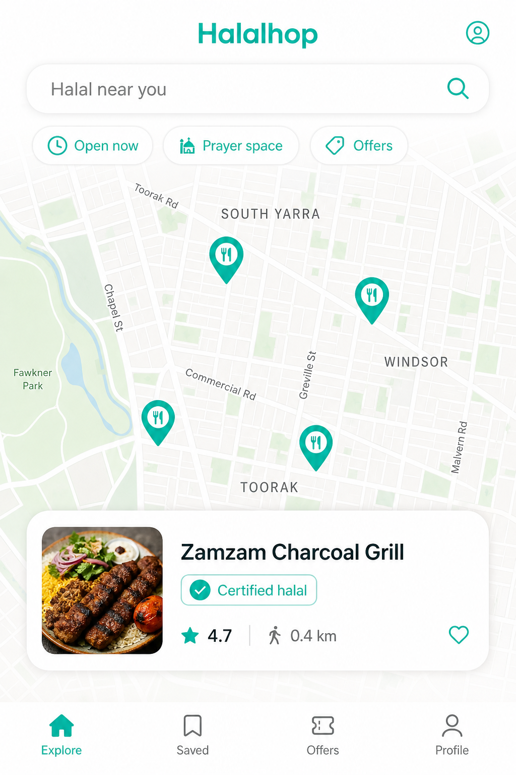 HalalHop app showing halal restaurants and prayer spaces on a map